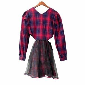 Honey Mi Honey Red Plaid Cut Out Tulle Skirt Dress Women's Size XS Puff Sleeve